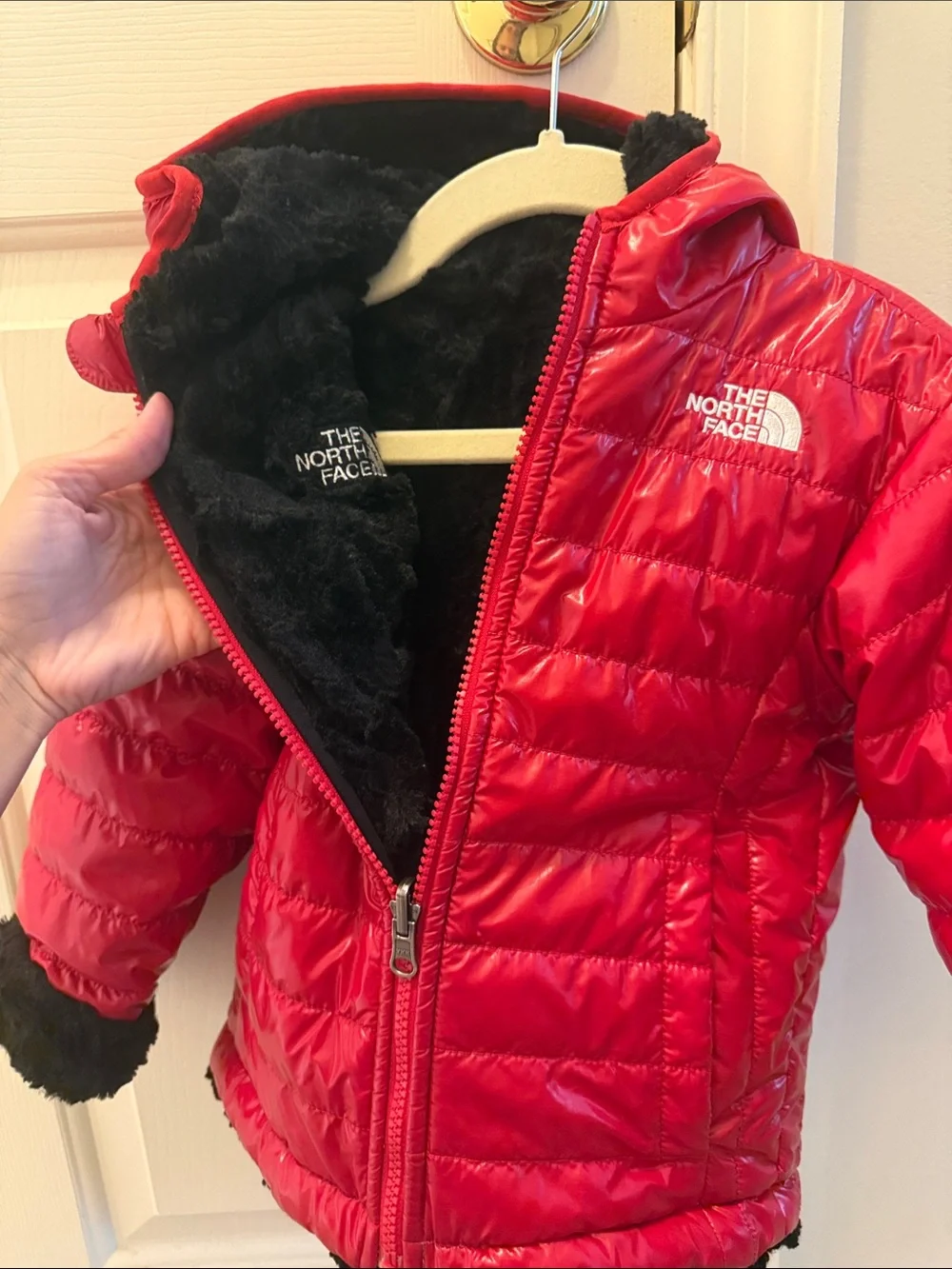 The North Face Kids Red Quilted  Reversible Hooded Puffer Jacket